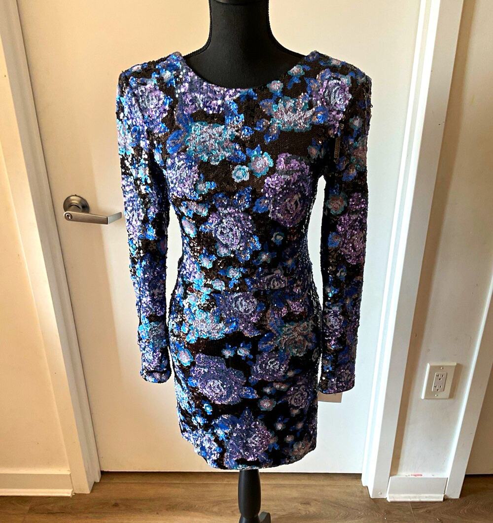 Dress The Population Nathalia Sequin Floral Long Sleeve Mini Cocktail Dress